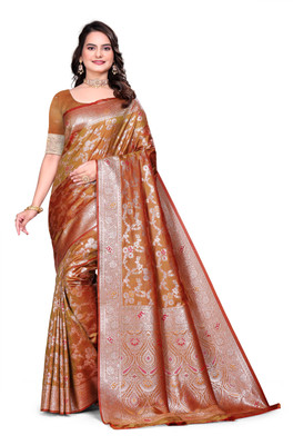 GHODTEXTILE Woven, Self Design, Floral Print, Temple Border Banarasi Pure Silk Saree(Beige)