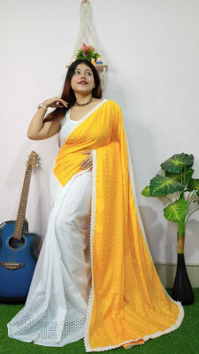 BBSaree Solid/Plain Lucknow Chikankari Cotton Silk Saree(Yellow, White)
