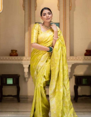 KIVERA Woven, Self Design Banarasi Pure Silk Saree(Yellow)