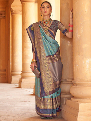 ANOUK Woven Banarasi Silk Blend Saree(Light Blue, Mustard)