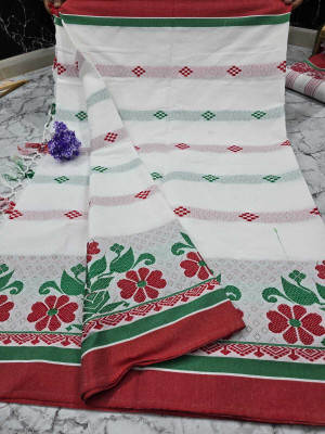 LYANNA Printed Assam Silk Handloom Cotton Silk Saree(Multicolor, White)