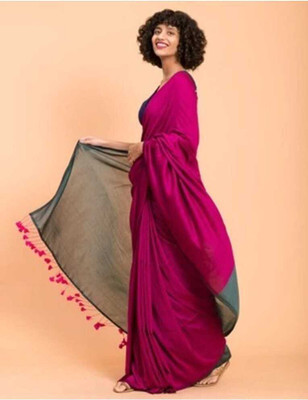 SARATHITEXTILE Solid/Plain Handloom Cotton Blend Saree(Pink)