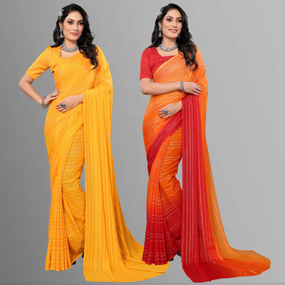 kashvi sarees Striped Bollywood Satin Saree(Pack of 2, Yellow, Orange, Red)