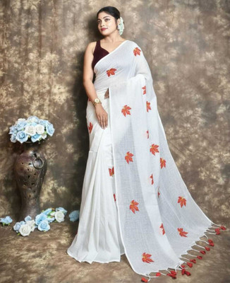 S G SAREES Embroidered Handloom Handloom Cotton Blend Saree(White, Red)