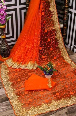 FINERFLY Embroidered Bollywood Net Saree(Orange)