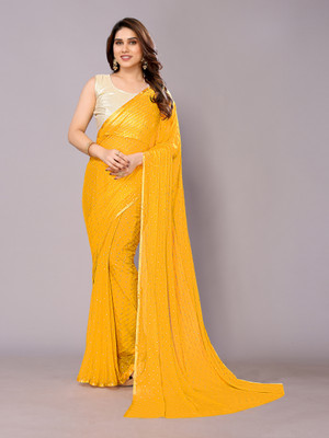 FABMORA Embellished Bollywood Chiffon Saree(Yellow)
