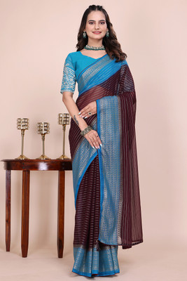 Aangan Silk Striped Bollywood Georgette Saree(Brown, Blue)