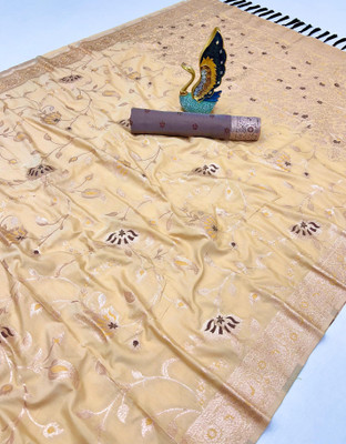 PANZORA Woven Banarasi Cotton Silk Saree(Cream)