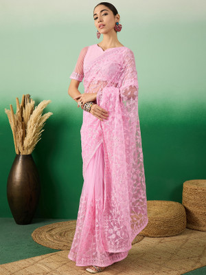 ShopGlobal Woven, Self Design Banarasi Net Saree(Pink)