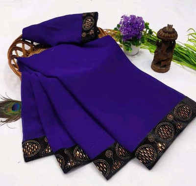 Harbhole Lace Border Self Design, Solid/Plain Bollywood Georgette Saree(Blue)