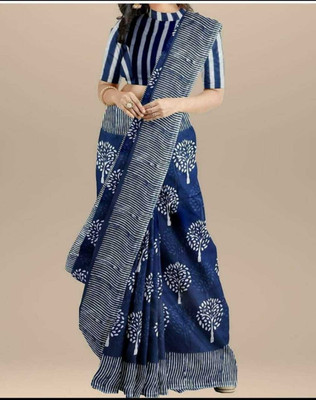HouseOfCommon Printed Handloom Pure Cotton Saree(Blue)