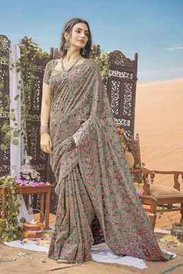 Sariya Woven Kalamkari Jacquard, Silk Blend Saree(Grey)
