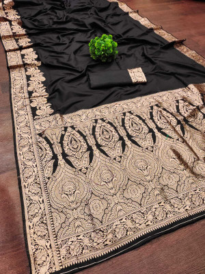 nikchi hub Embellished Banarasi Pure Silk Saree(Black)