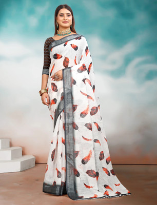 Mervadiya Printed Kanjivaram Pure Cotton, Cotton Linen Saree(White, Brown)