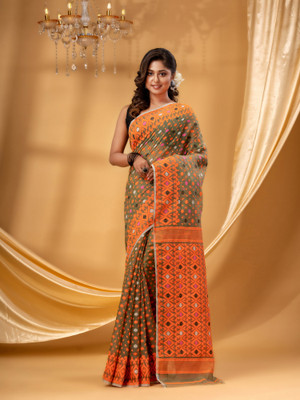 TANTLOOM Geometric Print Jamdani Handloom Cotton Blend Saree(Grey, Orange)