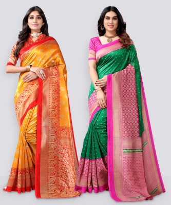 Samah Printed, Geometric Print, Embellished Bhagalpuri Silk Blend, Cotton Silk Saree(Pack of 2, Yellow, Green, Beige)