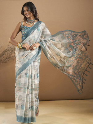 Anouk Rustic Printed Hand Batik Organza Saree(Blue)