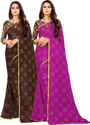 V And V Shop Printed Bollywood Chiffon Saree(Pack of 2, Brown, Magenta)