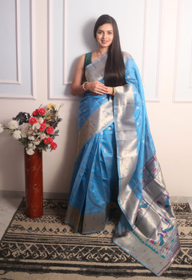 sarjan creation Woven Paithani Jacquard Saree(Light Blue)