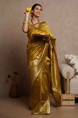 SUBHAM Woven, Embellished Banarasi Silk Blend Saree(Mustard, Gold)