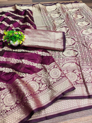 Bansari Textiles Printed Bollywood Jacquard, Cotton Silk Saree(Purple)