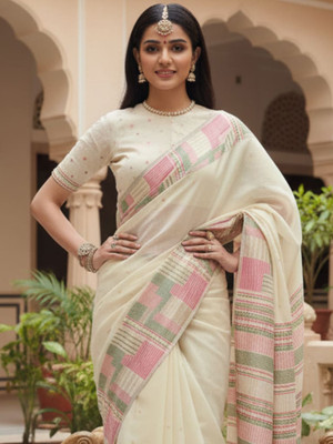 all about you Woven Banarasi Silk Blend Saree(Cream)
