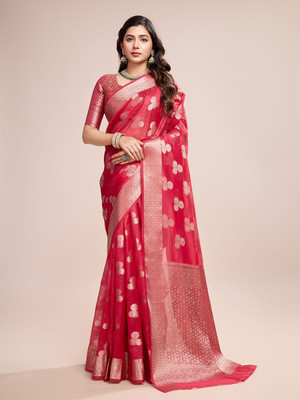 SHRIMAY Floral Print Bollywood Net, Organza Saree(Red)