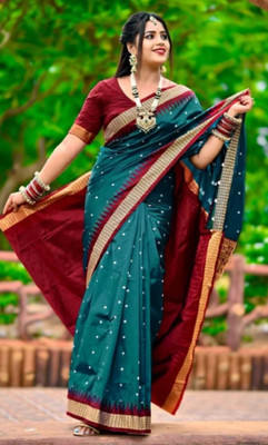 Afronza Temple Border, Woven, Applique Sambalpuri Art Silk, Cotton Blend Saree(Green, Red)