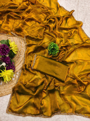 Saraswati Fab Solid/Plain Bollywood Chiffon Saree(Mustard)