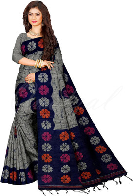 Quetzal Printed Sambalpuri Pure Cotton Saree(Grey)