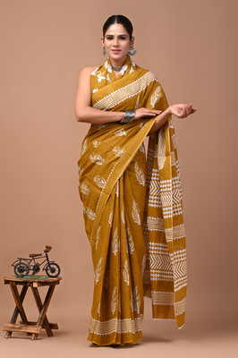 COTTON MULMUL STORE Printed, Blocked Printed, Hand Painted Daily Wear Pure Cotton Saree(Mustard)