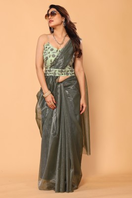 KANJIVARAM STYLE Embroidered, Solid/Plain, Embellished Bollywood Net Saree(Dark Green)