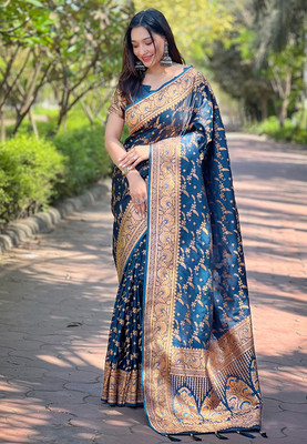 SICHYAH Woven, Self Design Banarasi Satin, Silk Blend Saree(Blue)