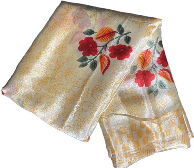 vedaanvika Collections Floral Print, Checkered, Printed, Self Design Banarasi Silk Blend Saree(Yellow)