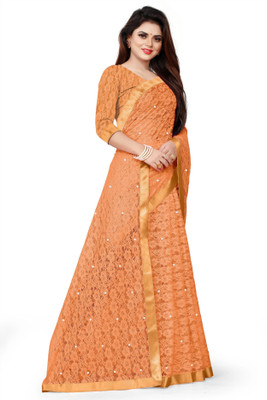 Verviza Embroidered Bollywood Net Saree(Beige)