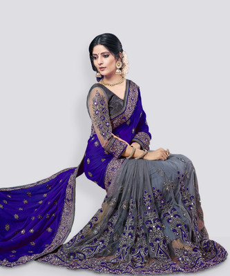 Semizoxis Embroidered, Embellished Bollywood Art Silk, Net Saree(Blue)