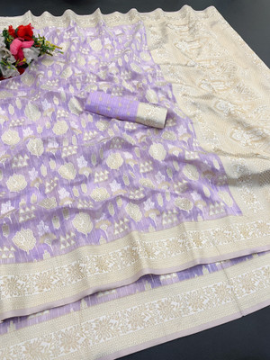 AAINA CREATION Printed Bollywood Tissue Saree(Purple, White)