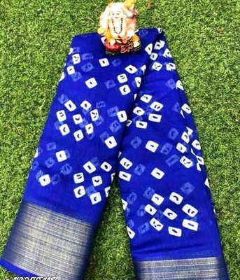 METHRIN CREATION Polka Print Bandhani Cotton Blend Saree(Blue)