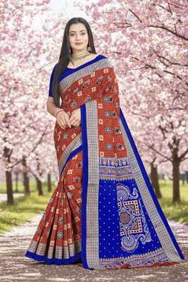 Sumit Textiles Digital Print Sambalpuri Cotton Blend Saree(Red)