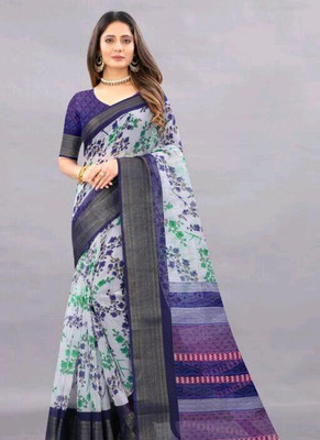 SARETRA MALL Geometric Print Bollywood Cotton Linen Saree(Blue)