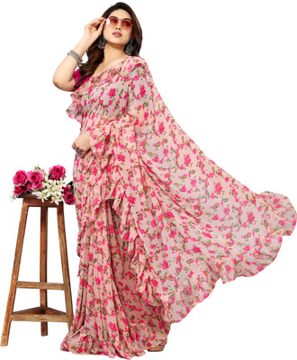 BLEESBURY Floral Print Daily Wear Chiffon, Georgette Saree(Pink)