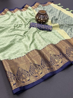 Wamsi Woven Banarasi Cotton Silk, Art Silk Saree(Light Green, Blue)