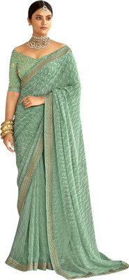 Pranjal Embroidered, Embellished Bandhani Silk Blend Saree(Light Green)