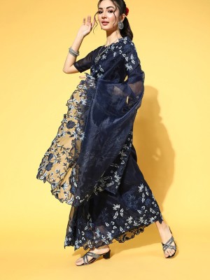 Sareemall Embroidered Daily Wear Organza Saree(Dark Blue)