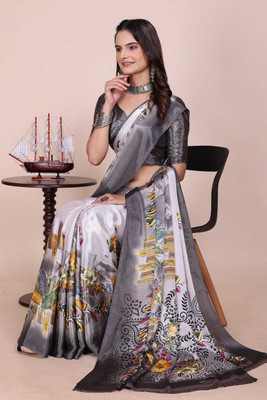 shree momai Printed, Animal Print Daily Wear Jute Silk Saree(Grey, White)