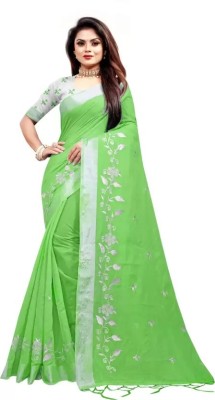 GLOWMOROUS Embroidered Bollywood Chanderi, Cotton Silk Saree(Green)