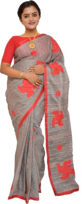 KheyaliBoutique Embroidered, Applique Tant Pure Cotton Saree(Grey)