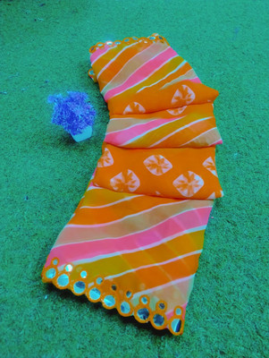 v.divyanshi & co. Striped, Printed Bandhani Georgette Saree(Orange)