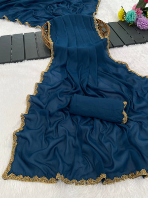 KanjiQueen Solid/Plain, Embellished Daily Wear Georgette Saree(Dark Blue)
