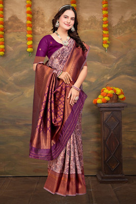 HouseOfCommon Woven Kanjivaram Pure Silk, Silk Blend Saree(Pink, Magenta)